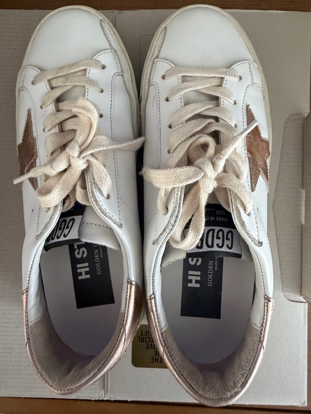 Golden Goose White Sneakers with Metallic Rose Gold Star and Heel